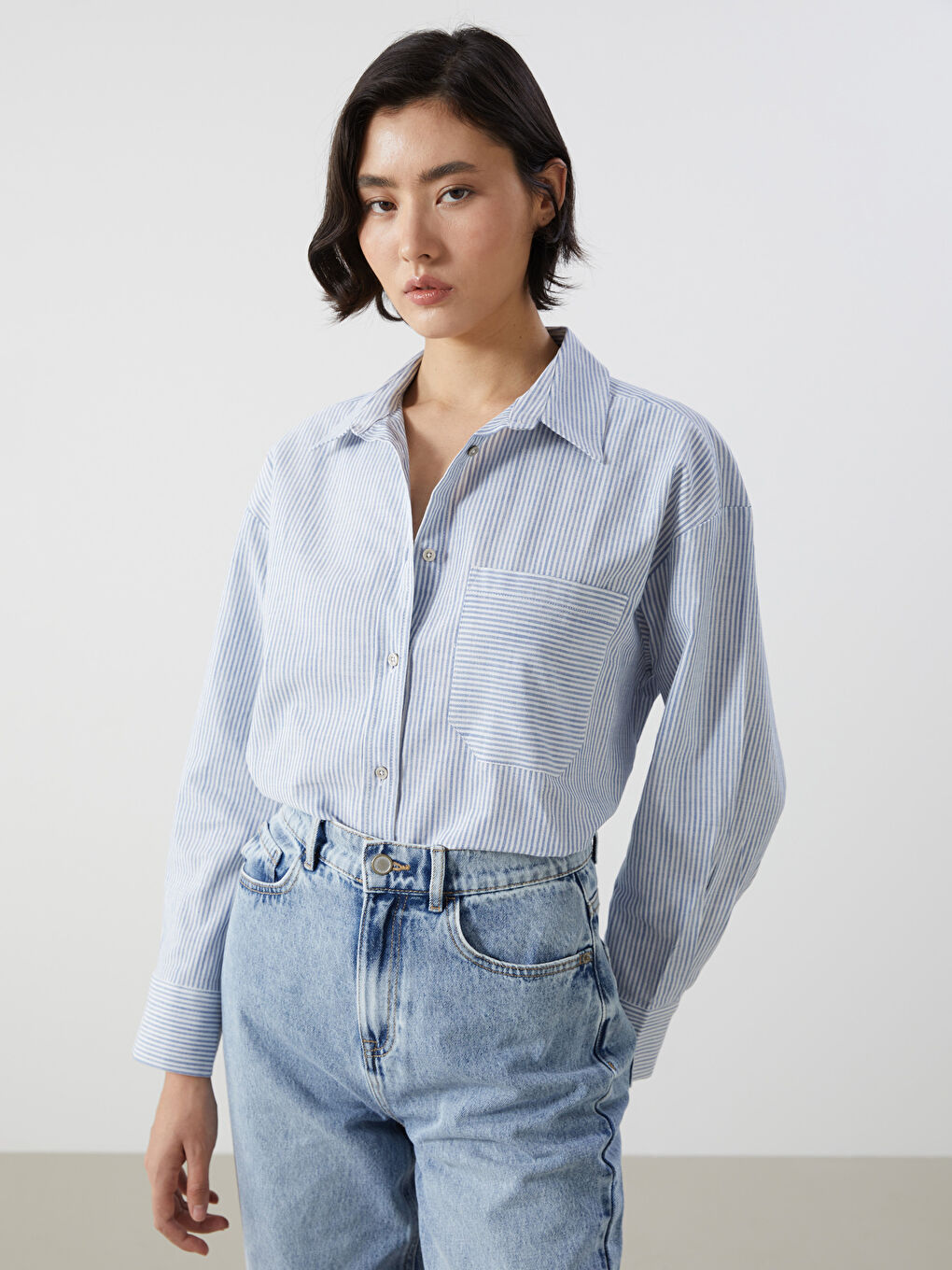 Striped Linen Blend Oversize Women's Shirt -S5GL70Z8-LEN