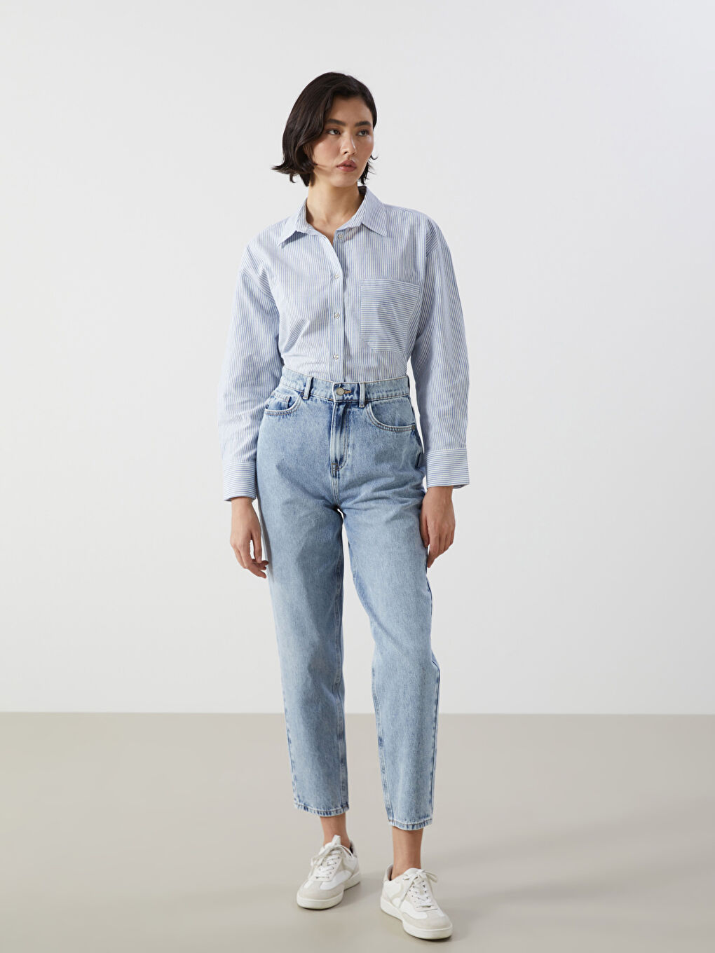 Striped Linen Blend Oversize Women's Shirt -S5GL70Z8-LEN