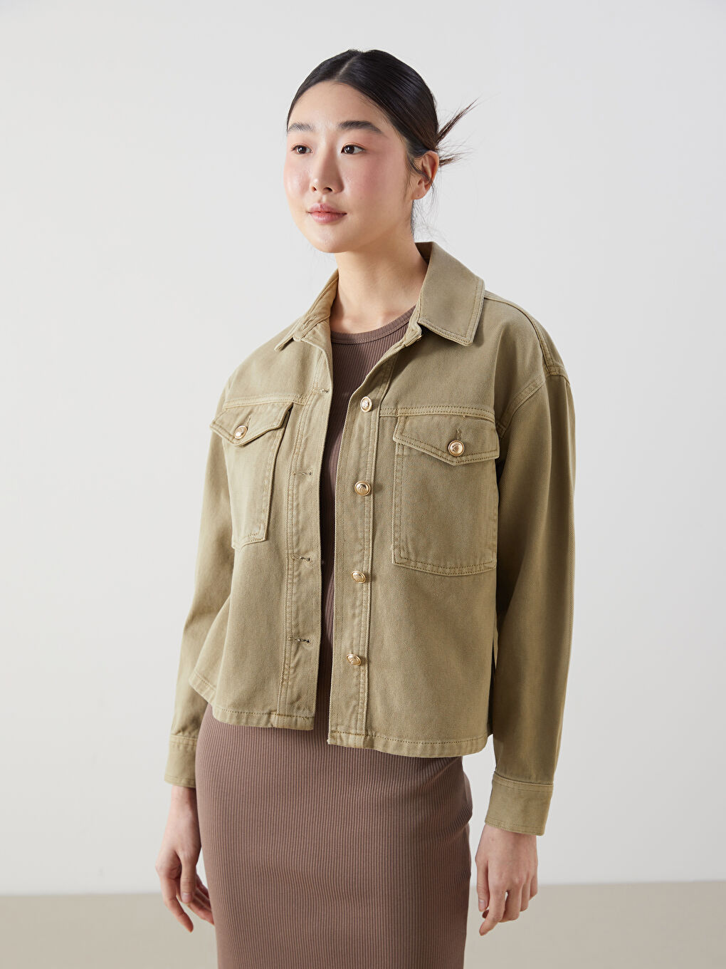 Haki Gömlek Yaka Oversize Kadın Ceket