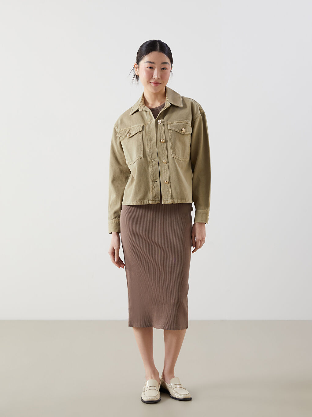 Haki Gömlek Yaka Oversize Kadın Ceket-1