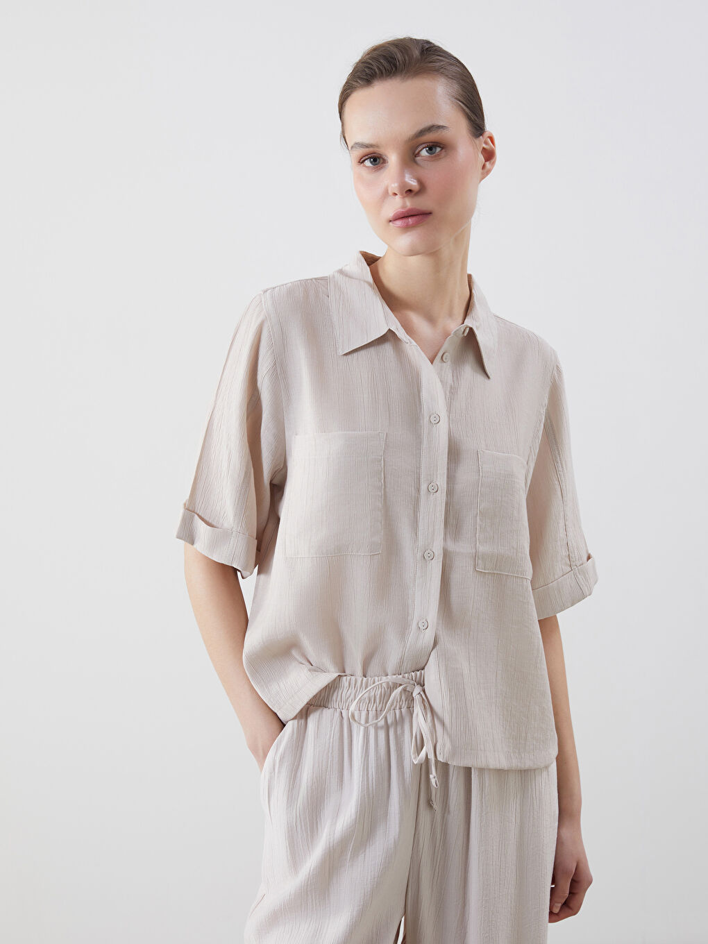 Textured Oversize Women's Shirt -S5GN20Z8-Z3M