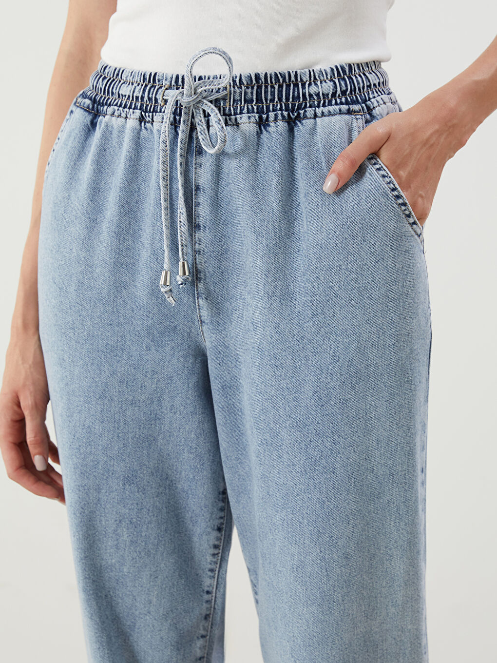 İndigo Beli Lastikli Balloon Fit Kadın Jean Pantolon-2