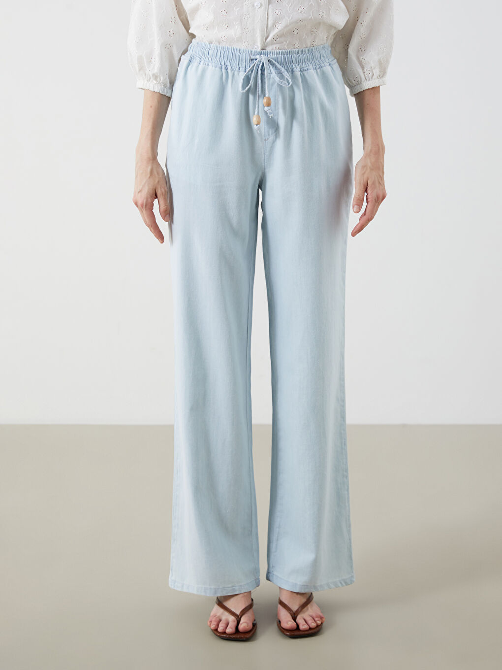 İndigo Beli Lastikli Wideleg Kadın Jean Pantolon-1