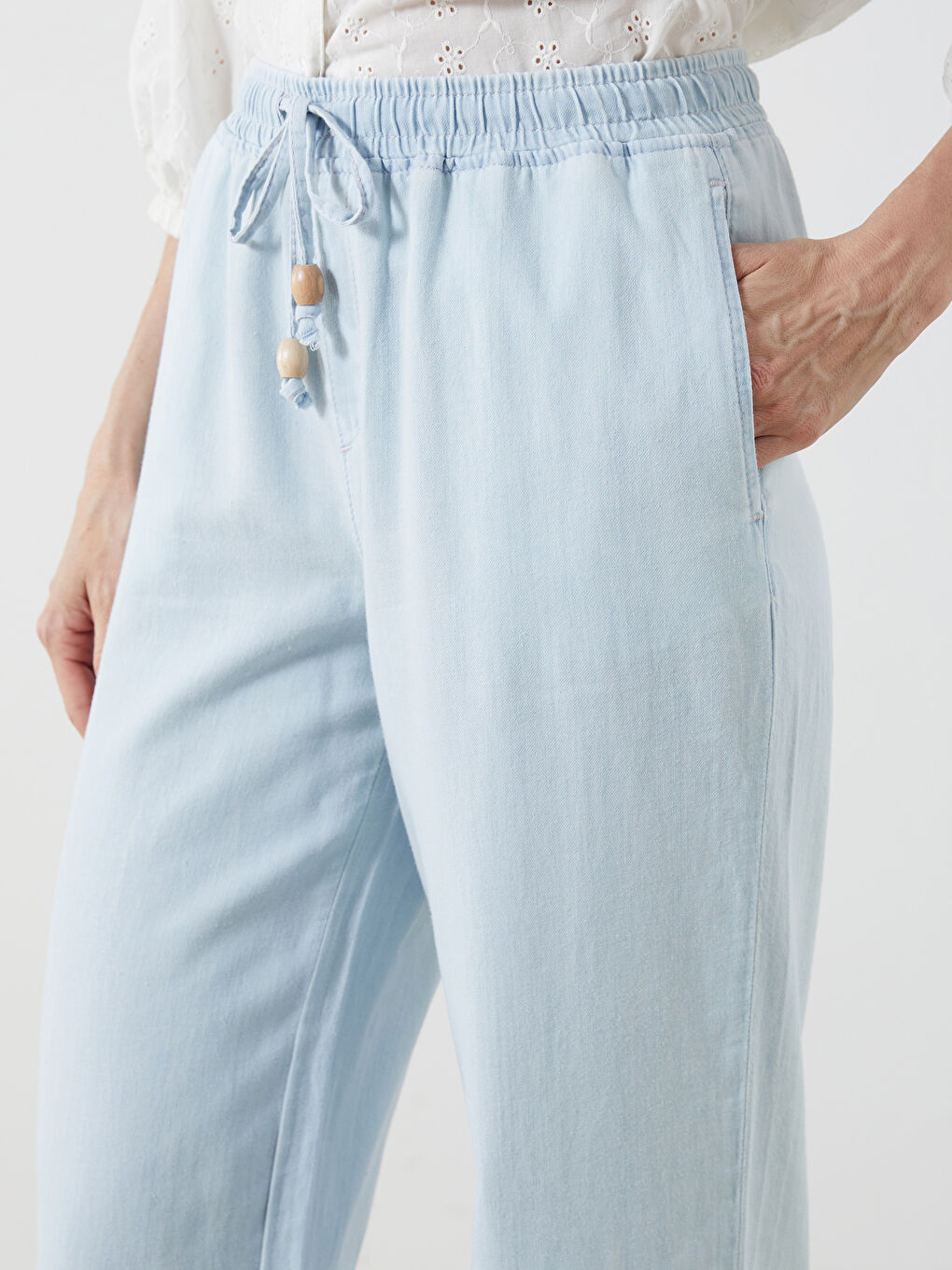 İndigo Beli Lastikli Wideleg Kadın Jean Pantolon-2