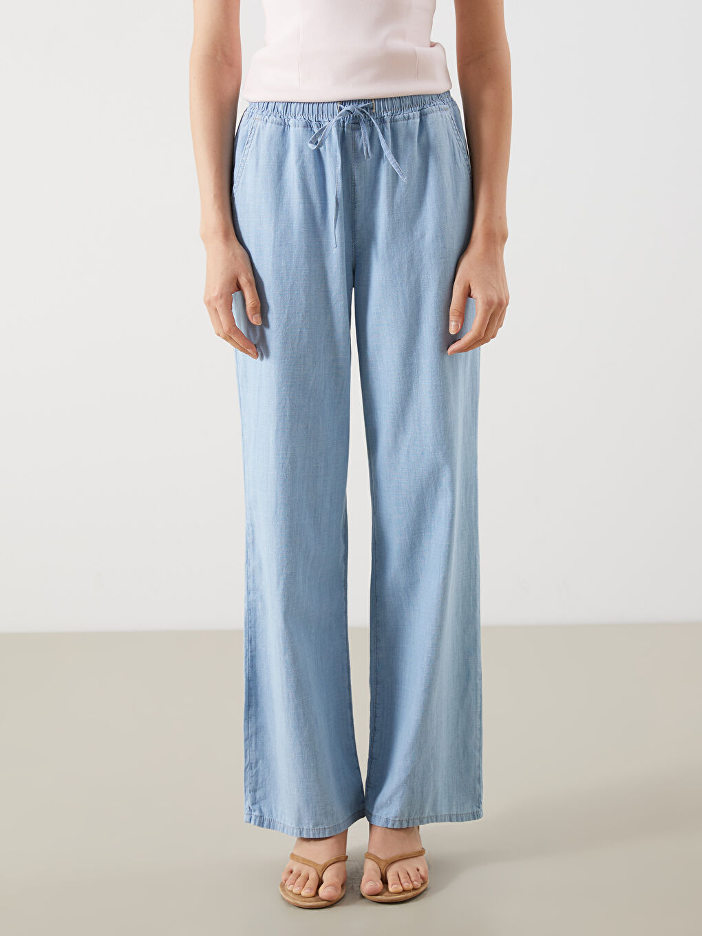 İndigo Beli Lastikli Wideleg Kadın Jean Pantolon-1