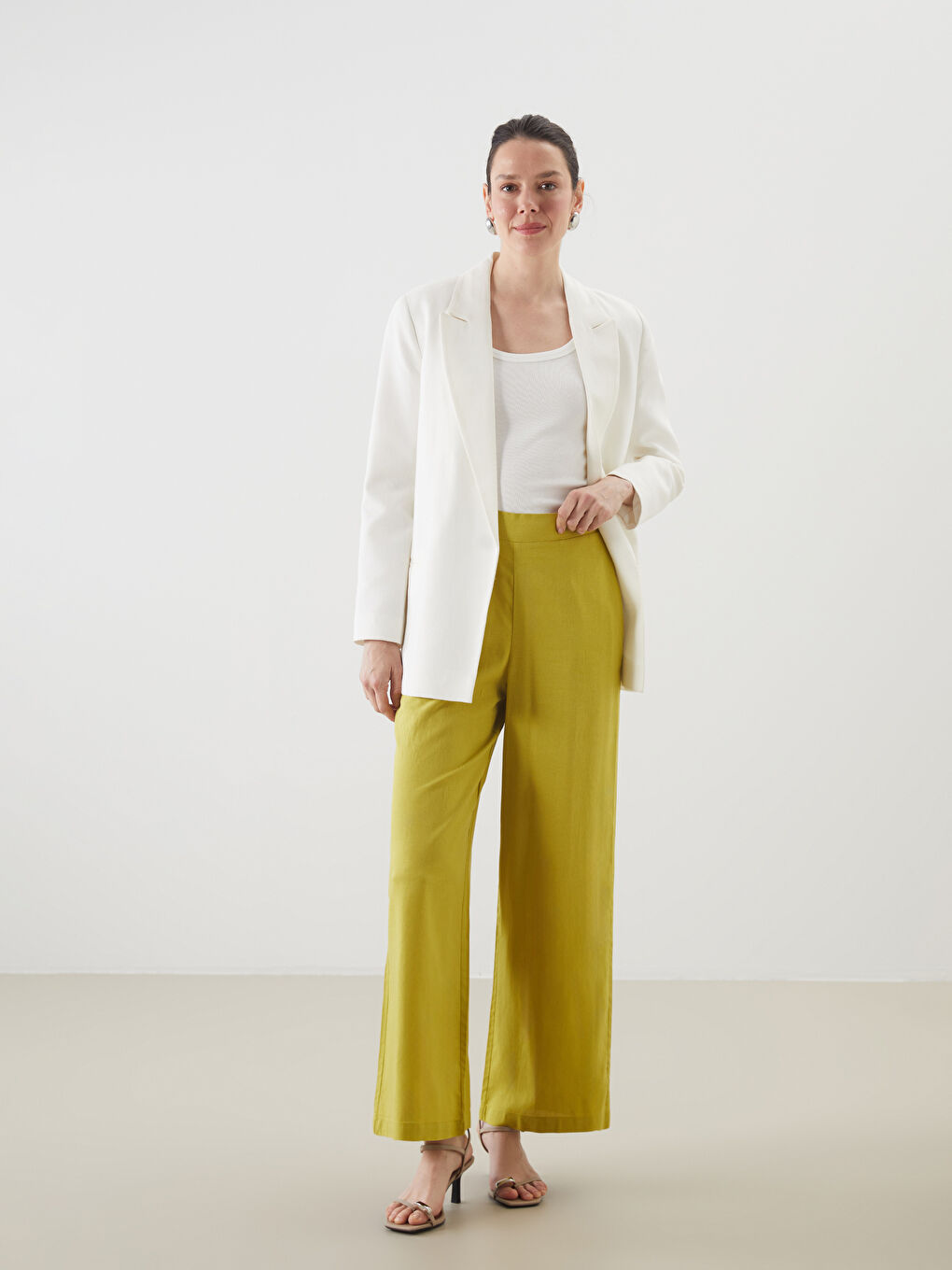 Pantalone za žene od mešavine lana sa elastičnim strukom -S5GO64Z8-VYS
