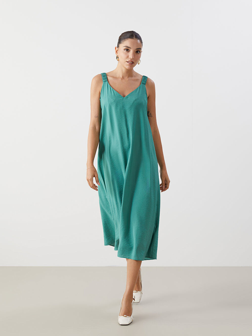 Plain V-Neck Midi Dress -S5GO70Z8-Z4F