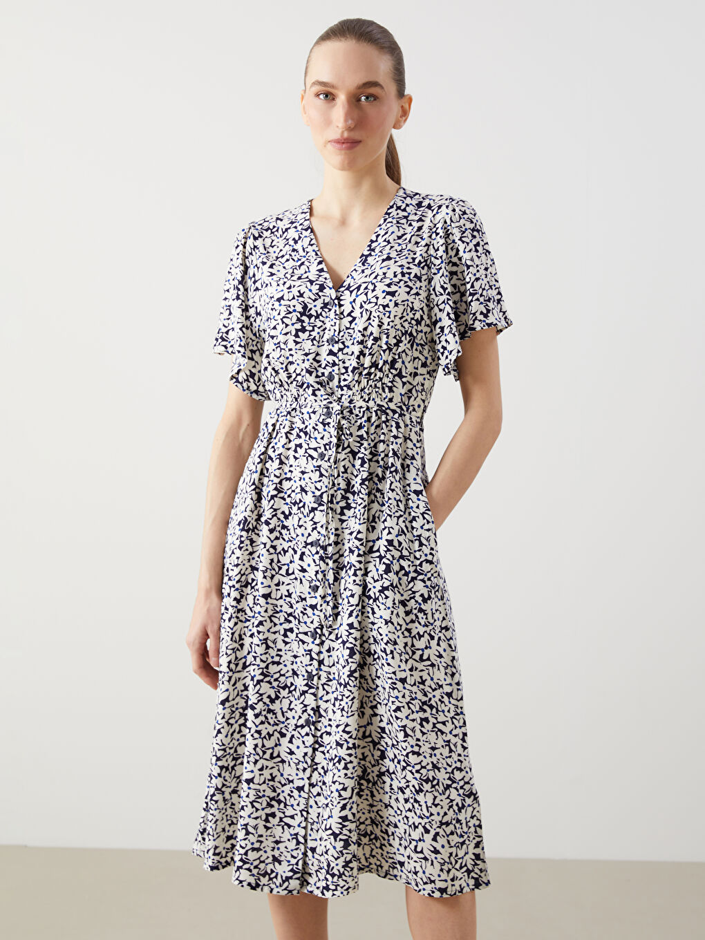 Floral Women's Dress with Gathered Waist -S5GO73Z8-LSJ