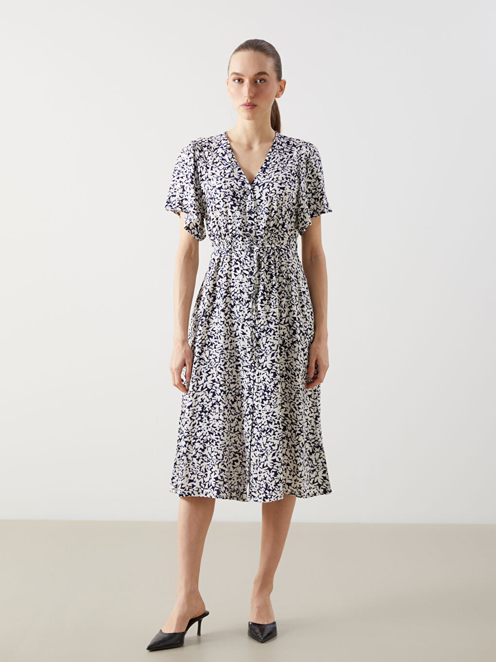 Floral Women's Dress with Gathered Waist -S5GO73Z8-LSJ