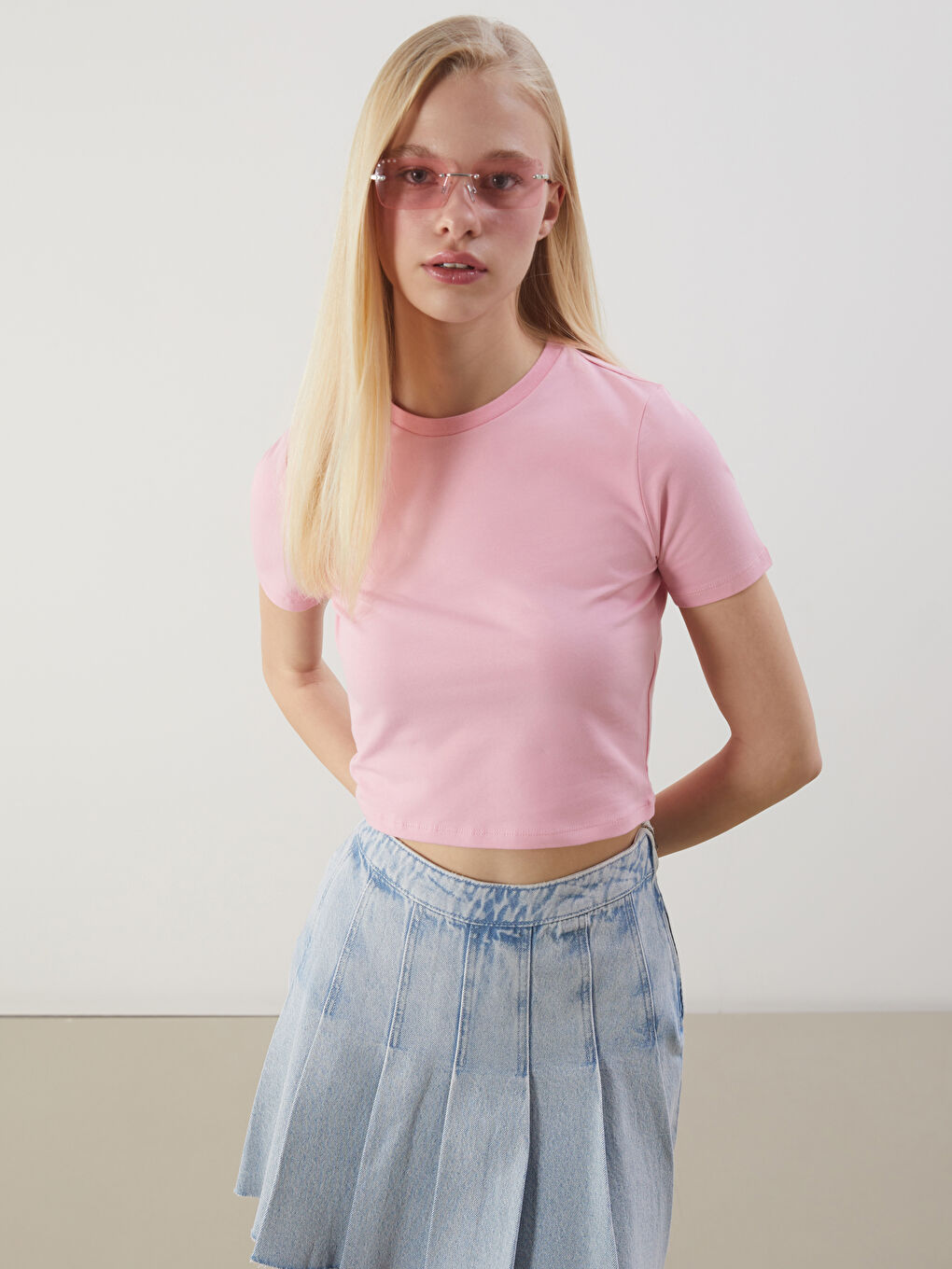 Pembe Bisiklet Yaka Kadın Crop