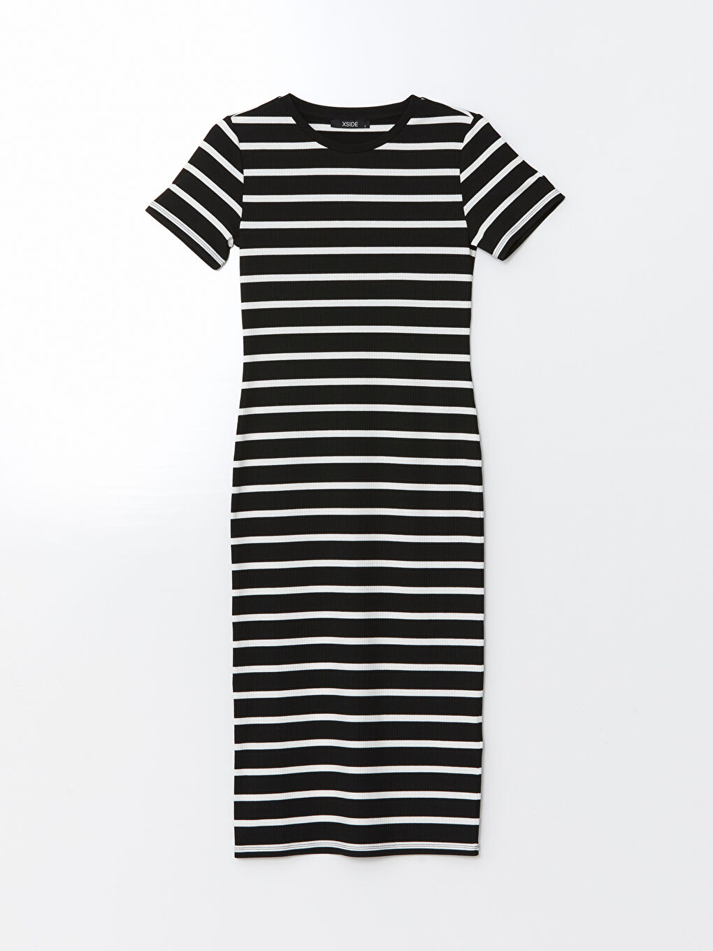 Siyah Bisiklet Yaka Çizgili Kadın Bodycon Elbise