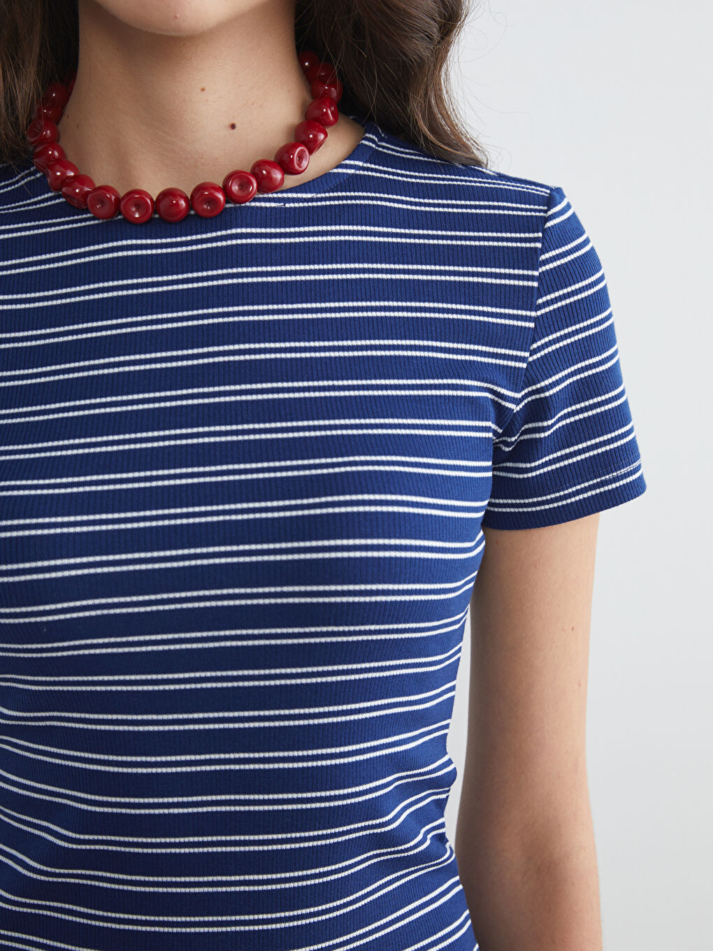 Lacivert Bisiklet Yaka Çizgili Kadın Elbise-3