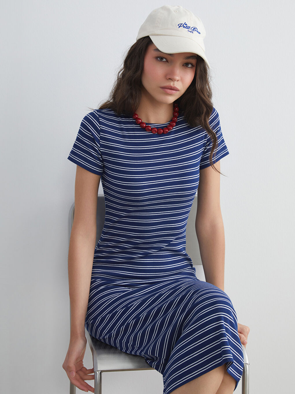 Lacivert Bisiklet Yaka Çizgili Kadın Elbise