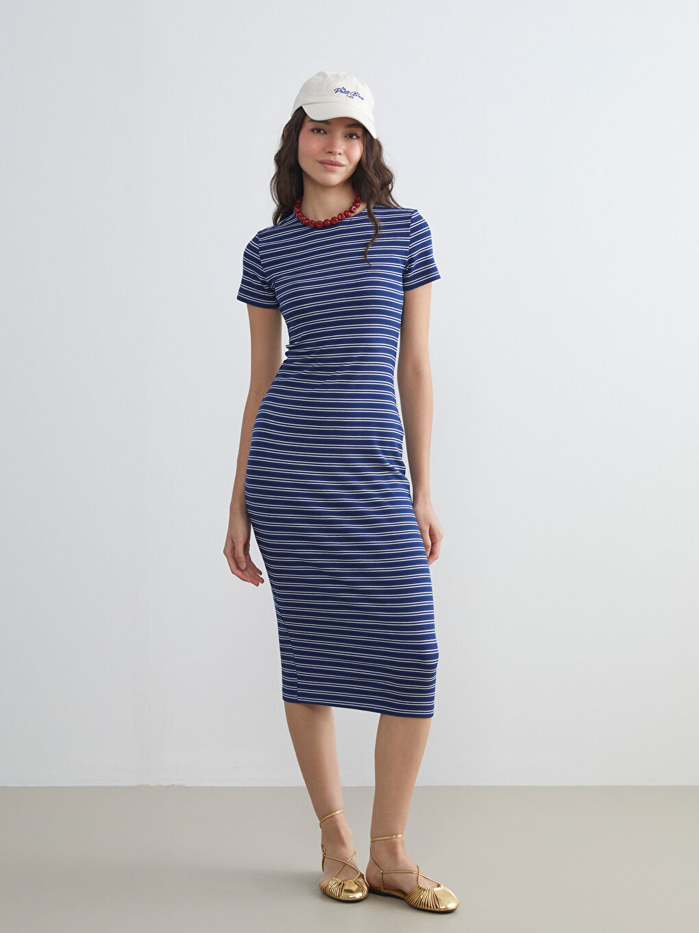 Lacivert Bisiklet Yaka Çizgili Kadın Elbise-1