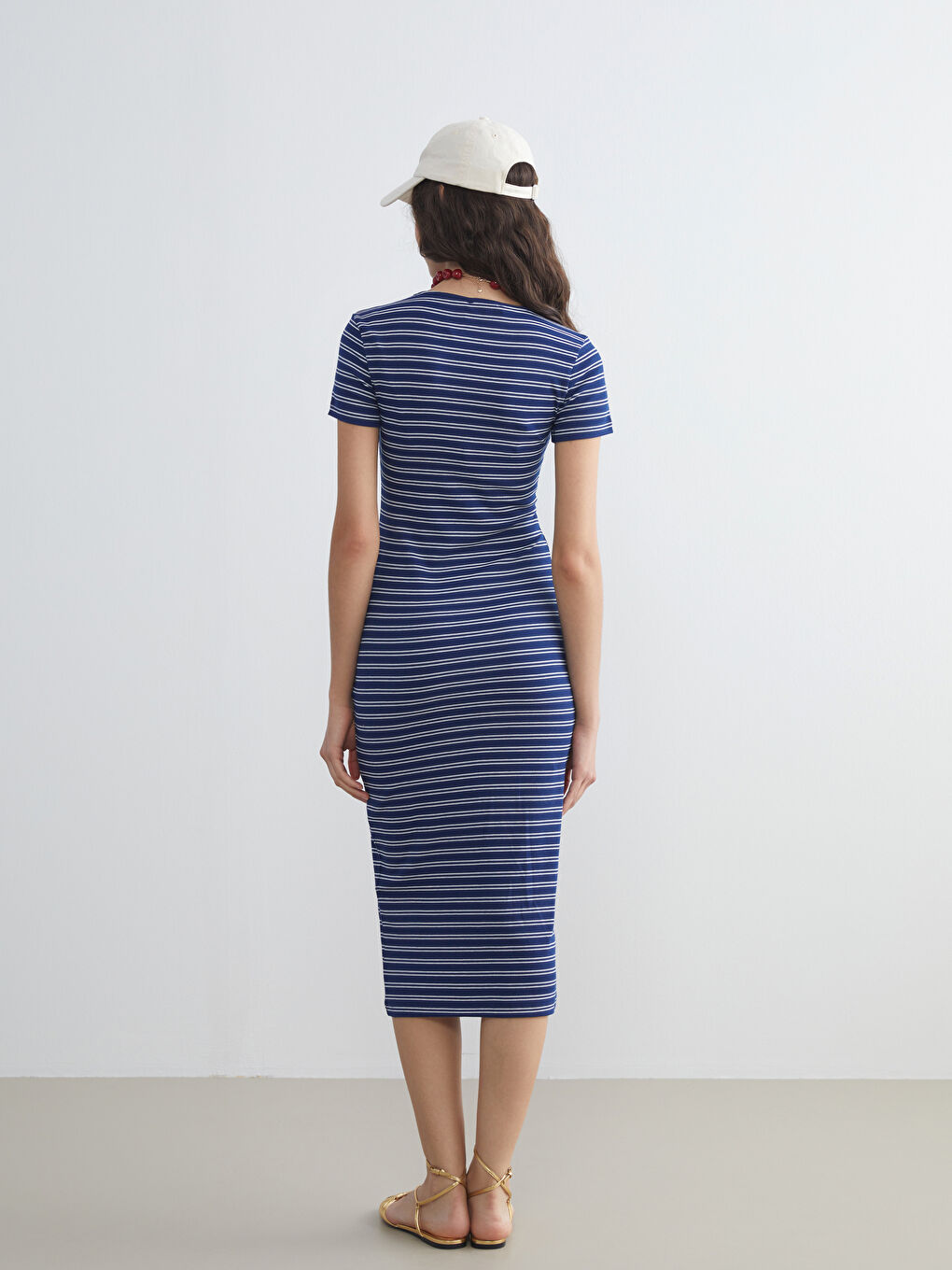 Lacivert Bisiklet Yaka Çizgili Kadın Elbise-2