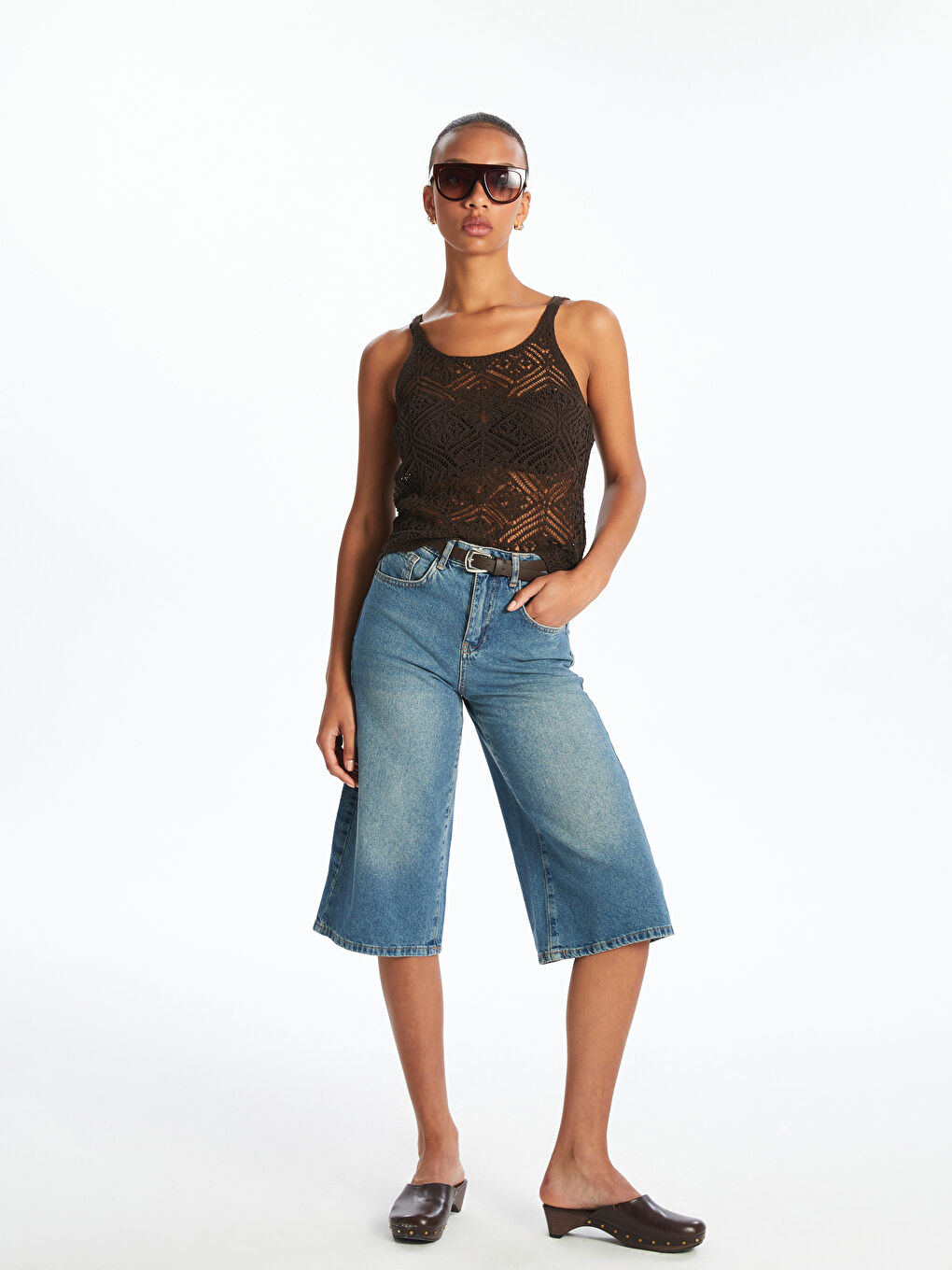 İndigo Beli Kemerli Kadın Jean Kapri