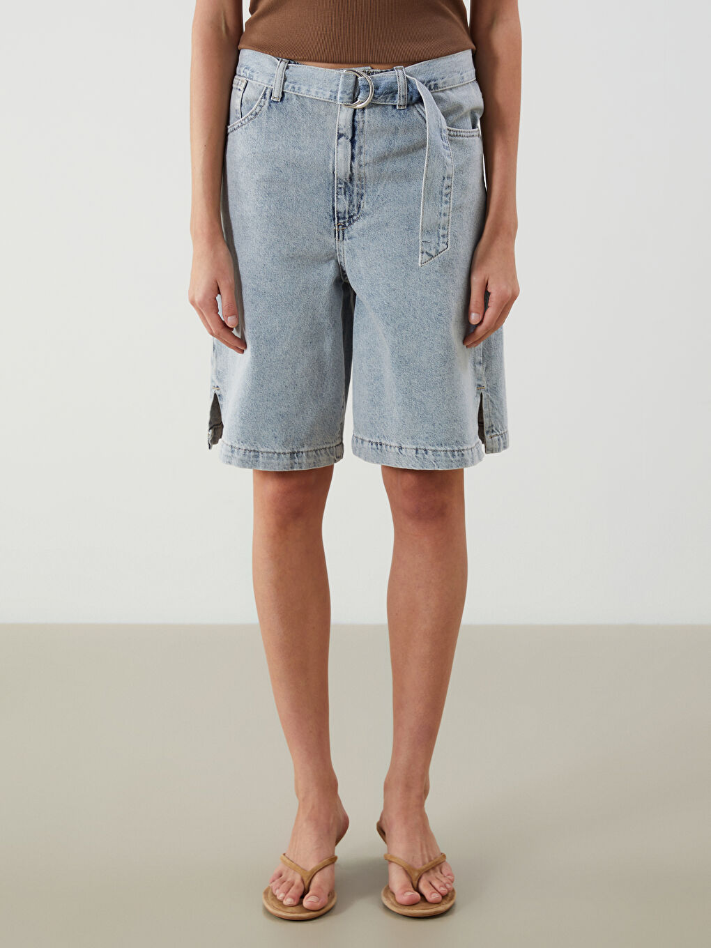 İndigo Beli Kemerli Kadın Jean Şortolon-1