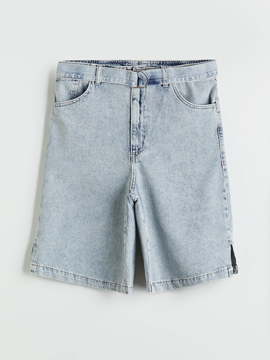 İndigo Beli Kemerli Kadın Jean Şortolon-4