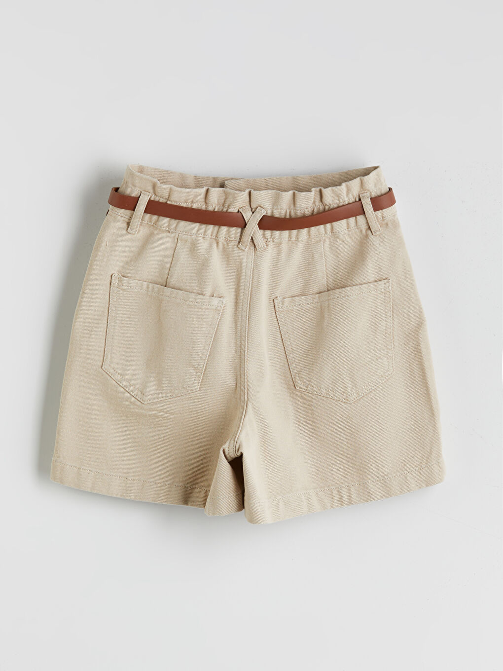 Bej Beli Kemerli Paperbag Kadın Jean Şort-1