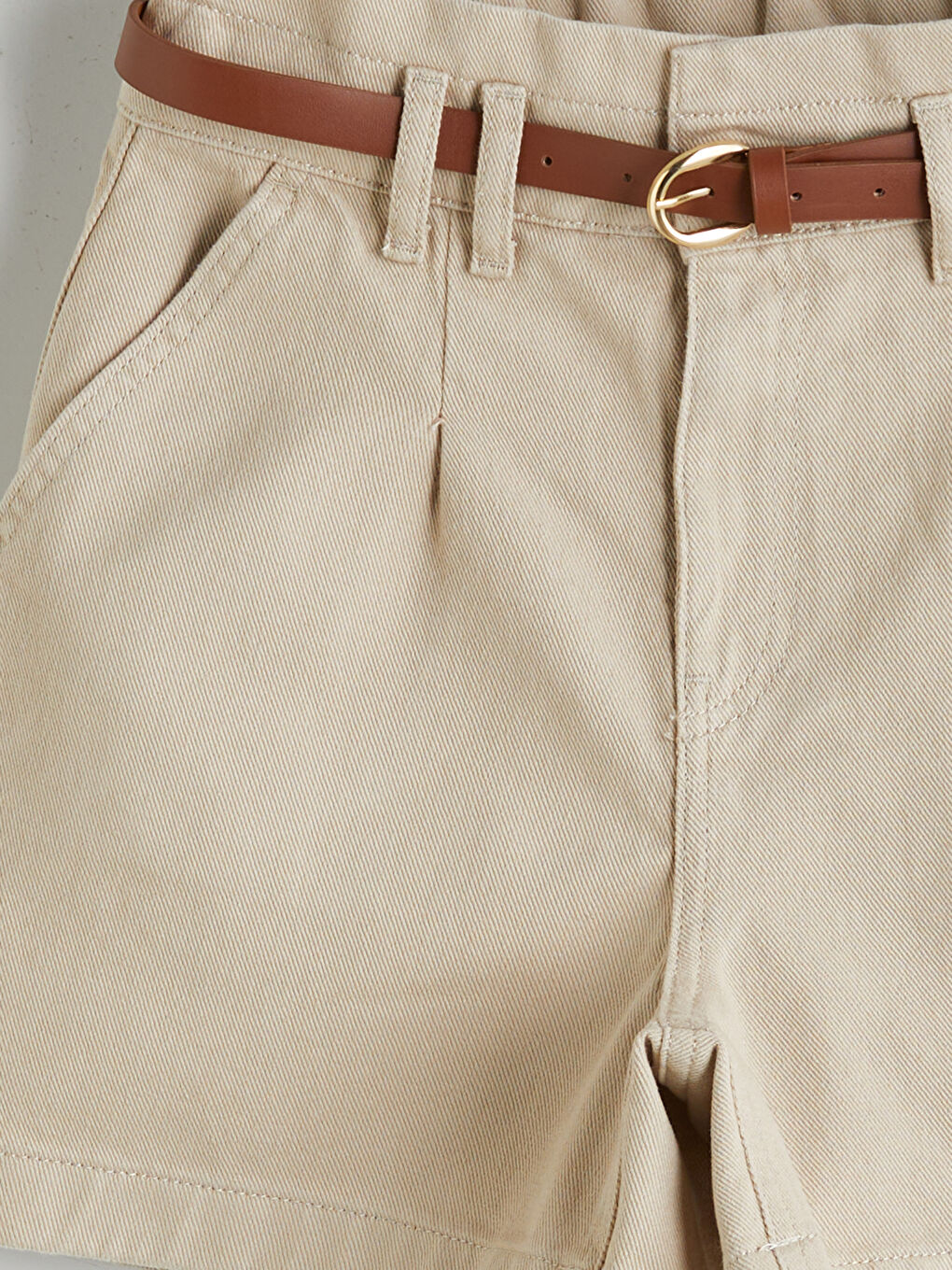 Bej Beli Kemerli Paperbag Kadın Jean Şort-2