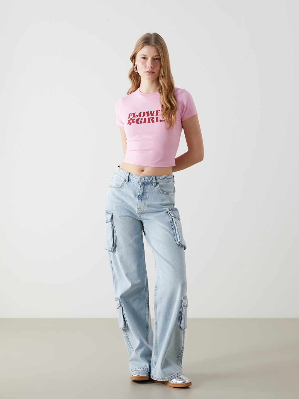 XSIDE Pembe Bisiklet Yaka Baskılı Kadın Crop - 1