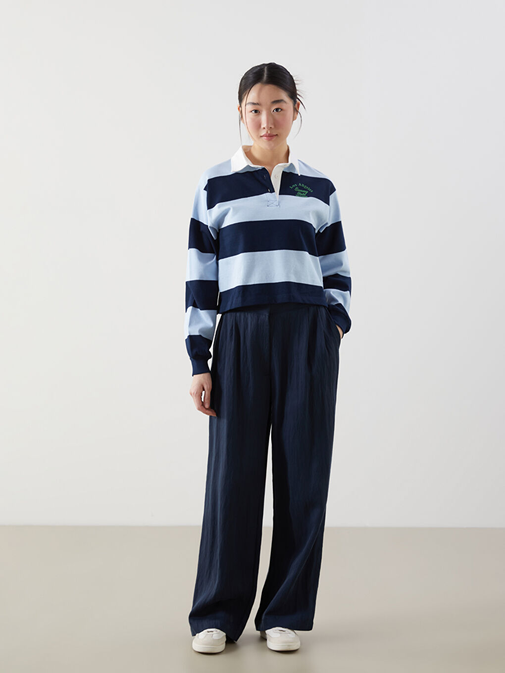 Lacivert Polo Yaka Çizgili Kadın Sweatshirt-1