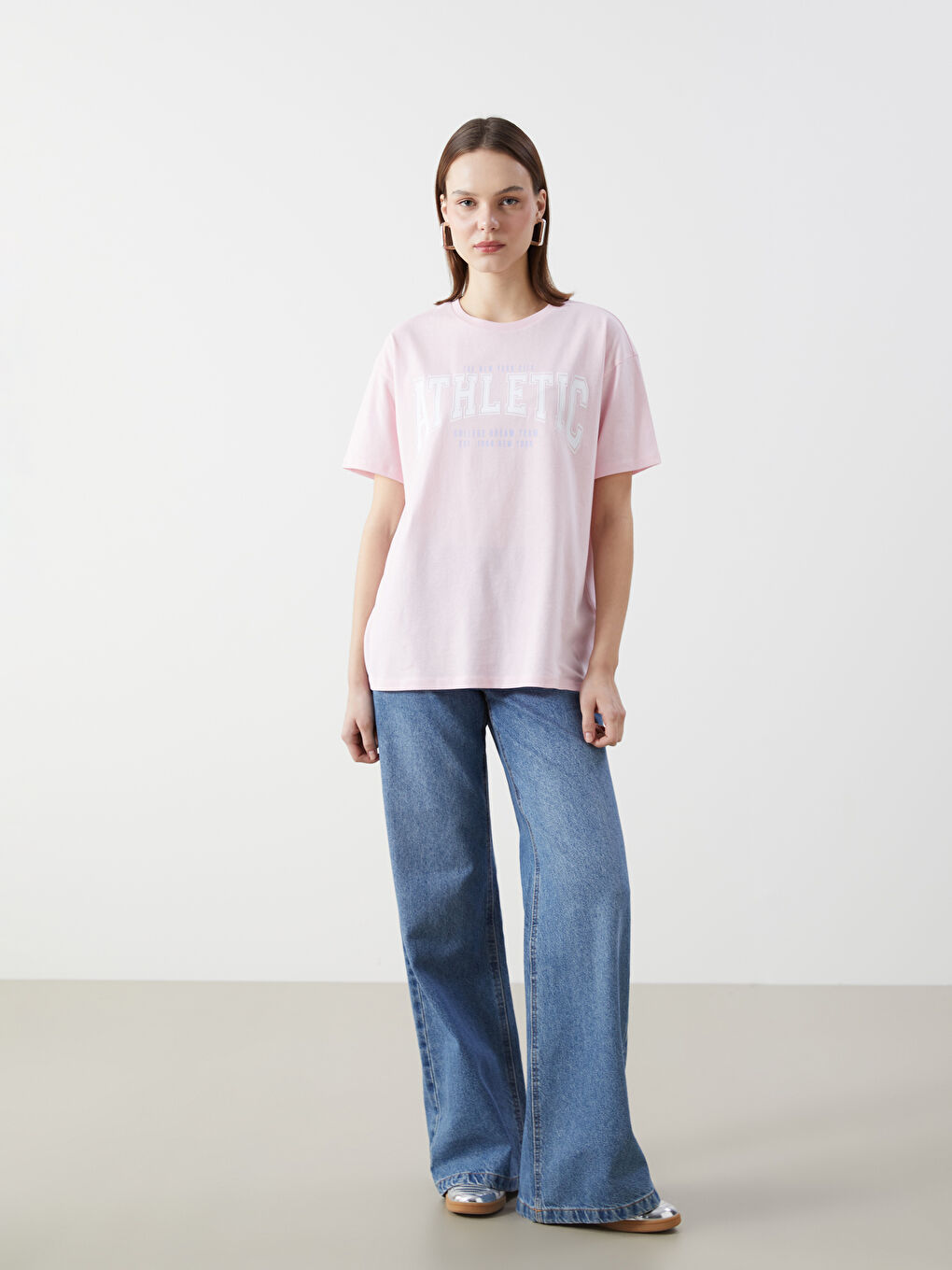 Pembe Bisiklet Yaka Baskılı Kadın Spor Tişört-2