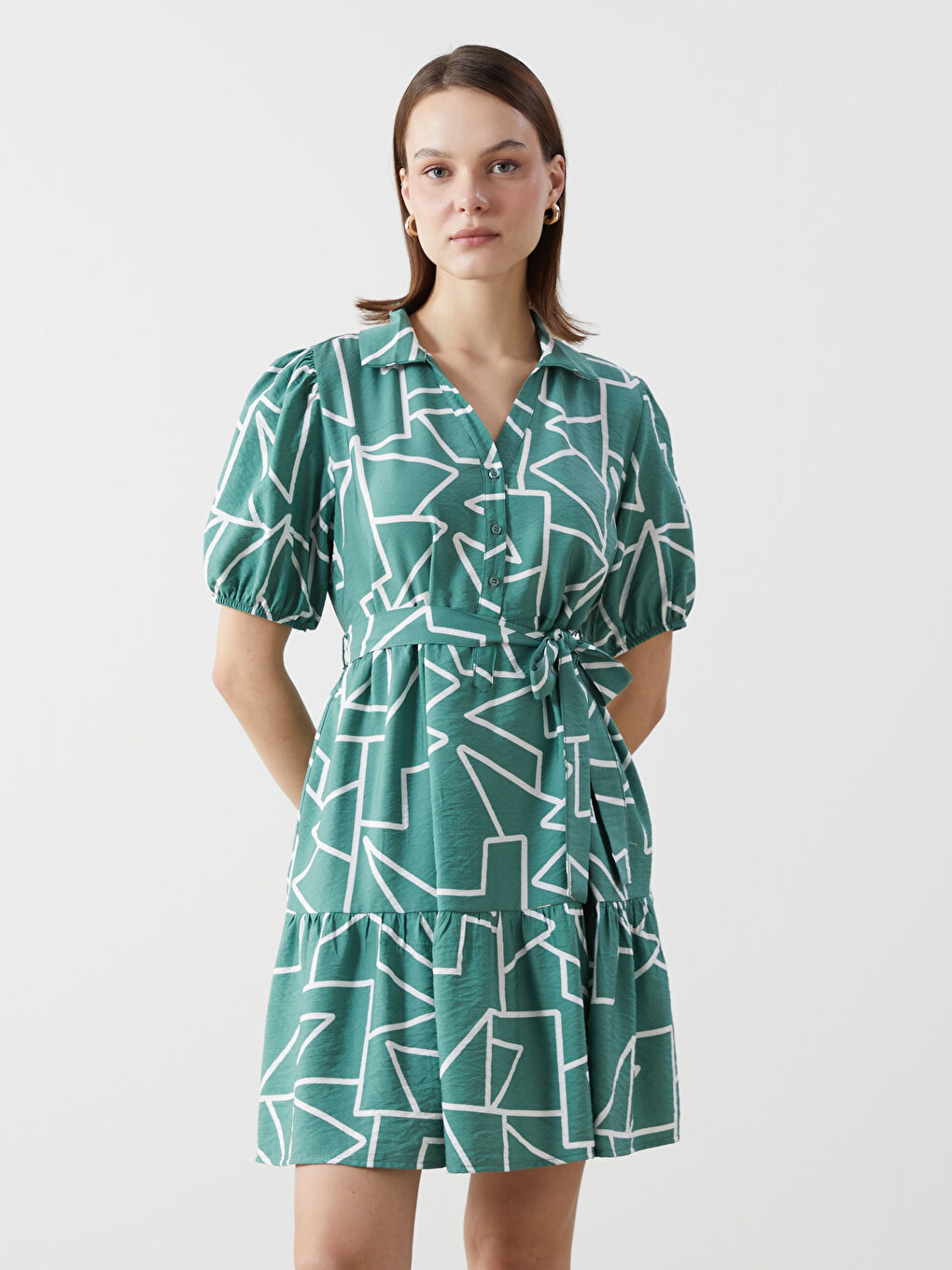 Yeşil Gömlek Yaka Desenli Elbise-1