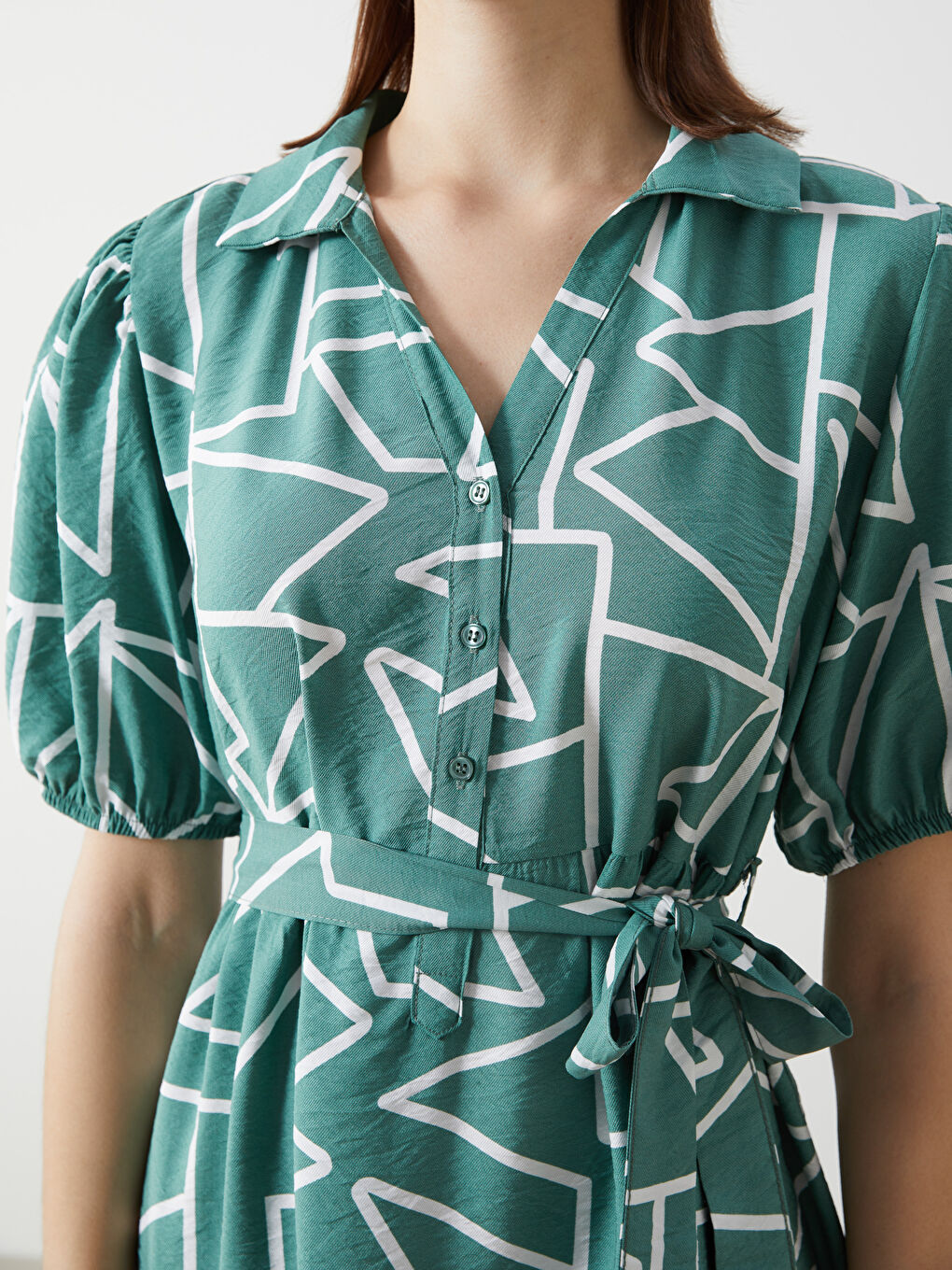 Yeşil Gömlek Yaka Desenli Elbise-2