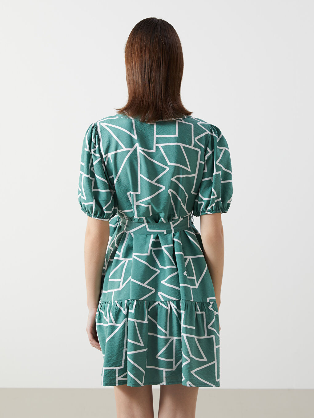 Yeşil Gömlek Yaka Desenli Elbise-3