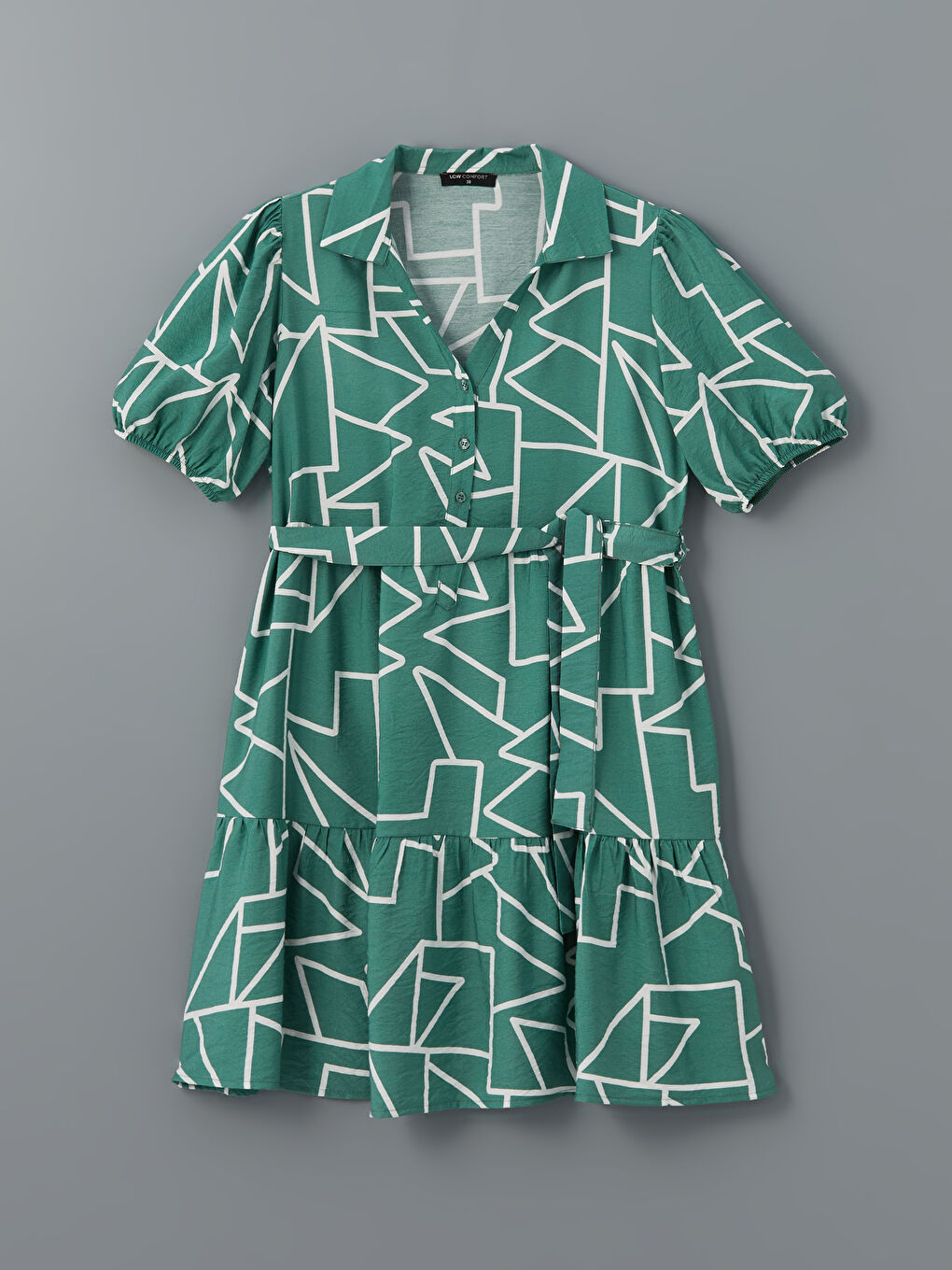 Yeşil Gömlek Yaka Desenli Elbise-4