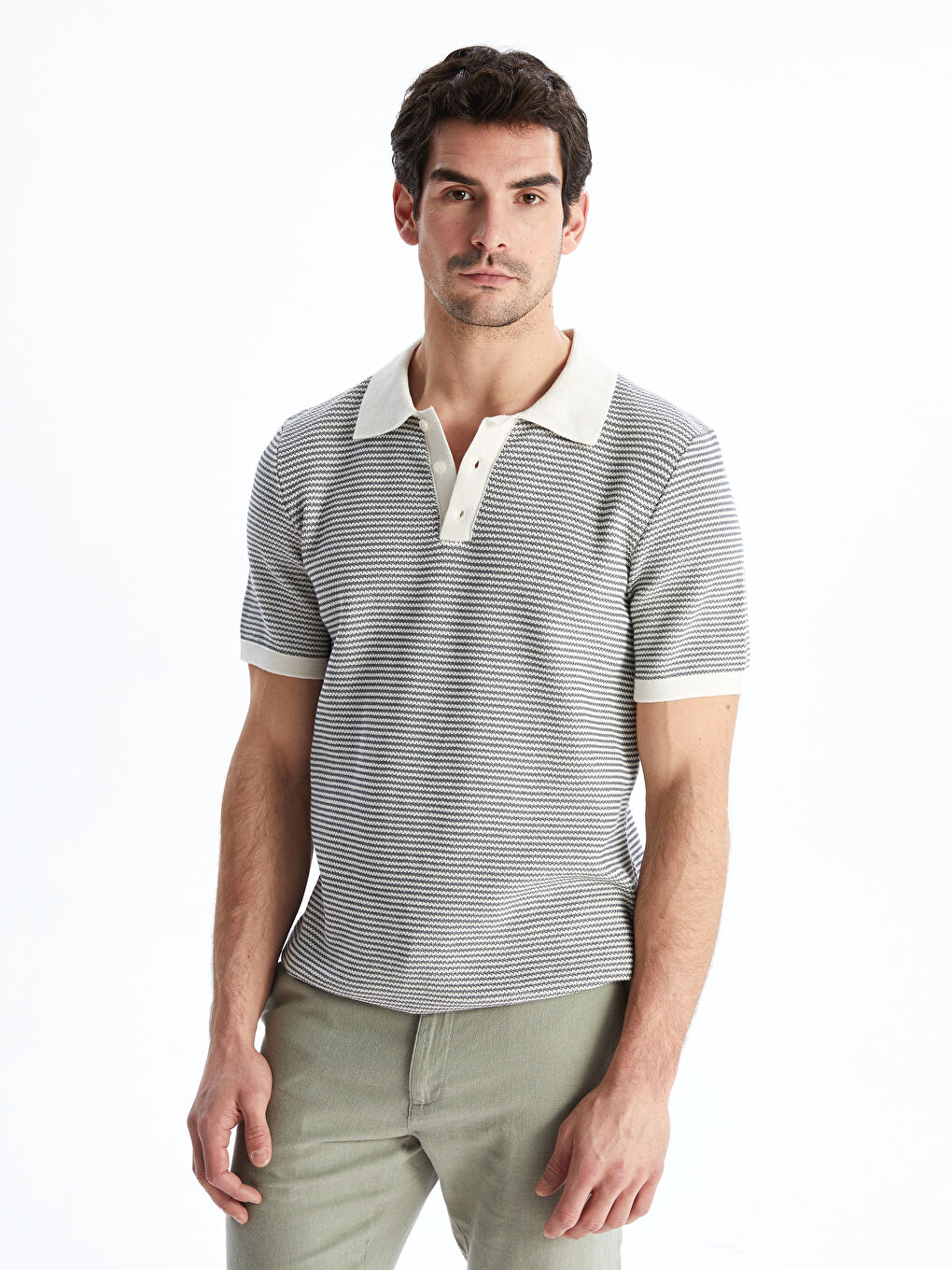 Polo Neck Short Sleeve Striped Men's Knitwear Sweater -S5GR21Z8-LGD
