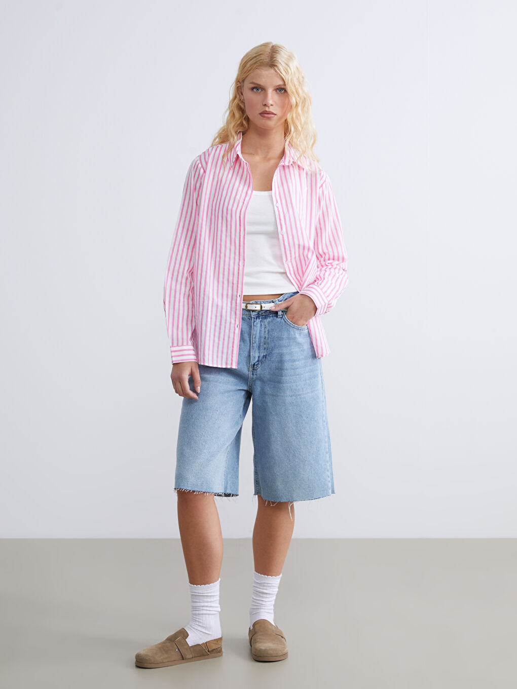 Pembe Çizgili Poplin Kadın Gömlek-1