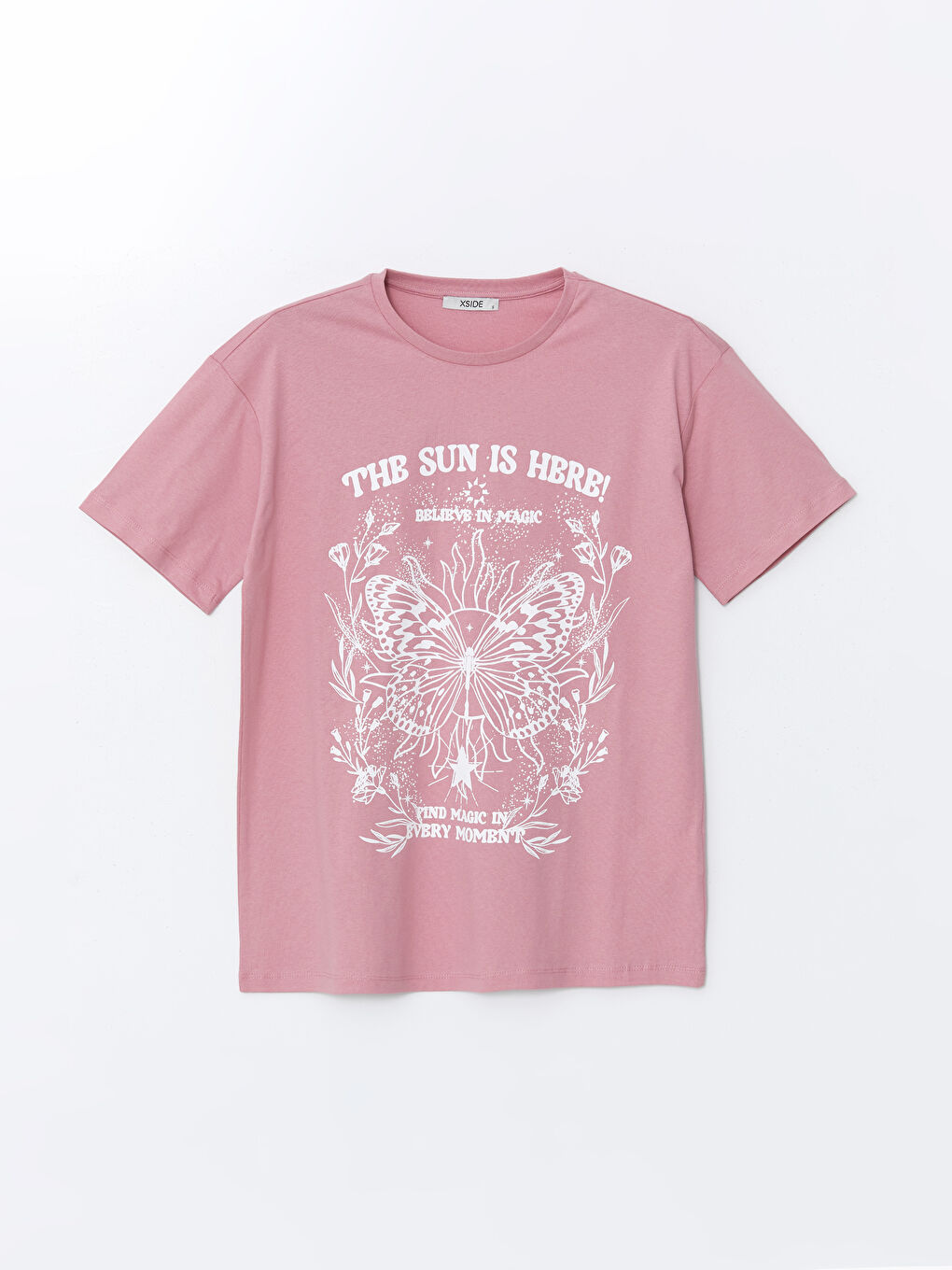 Pembe Bisiklet Yaka Baskılı Kadın Tişört-4