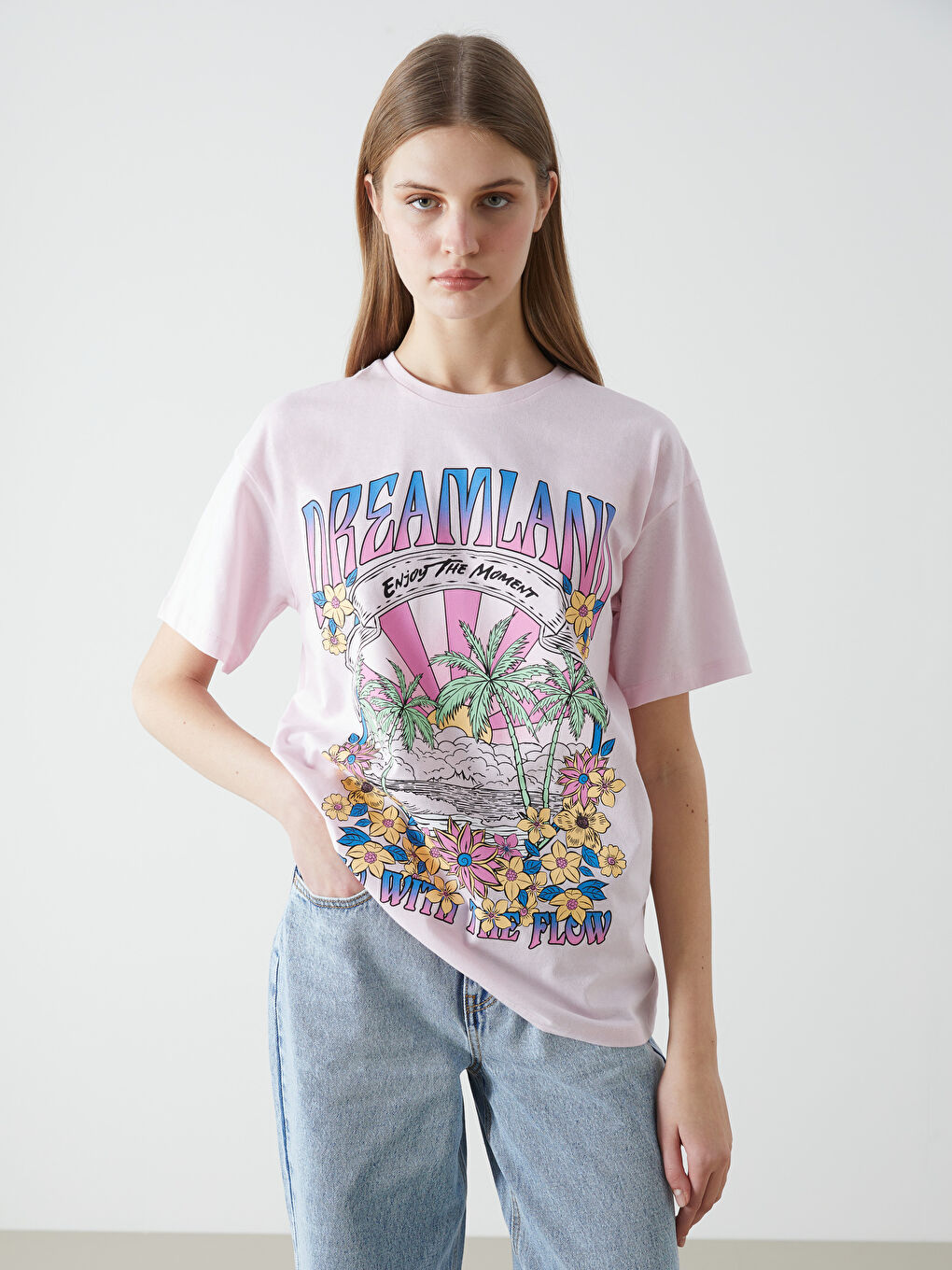 Pembe Bisiklet Yaka Baskılı Kadın Tişört