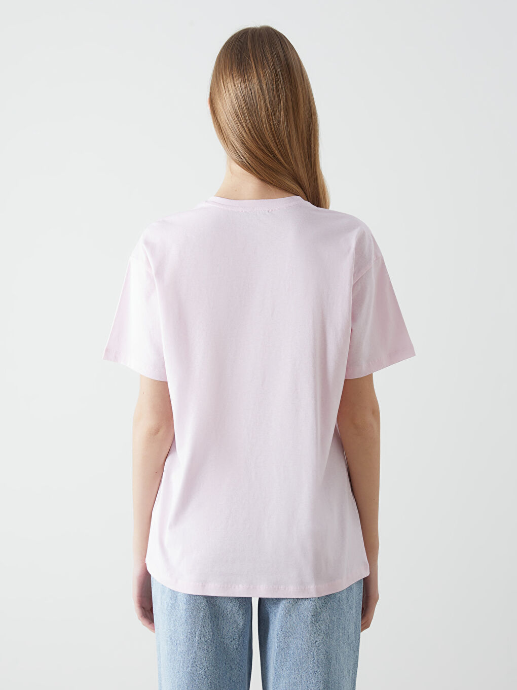 Pembe Bisiklet Yaka Baskılı Kadın Tişört-3