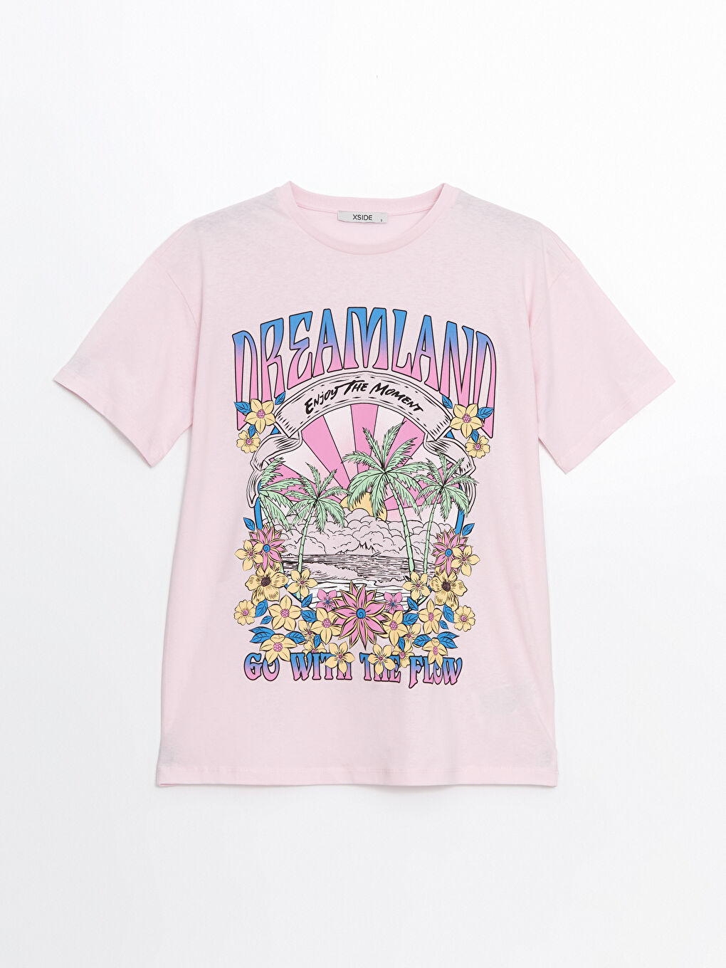 Pembe Bisiklet Yaka Baskılı Kadın Tişört-4