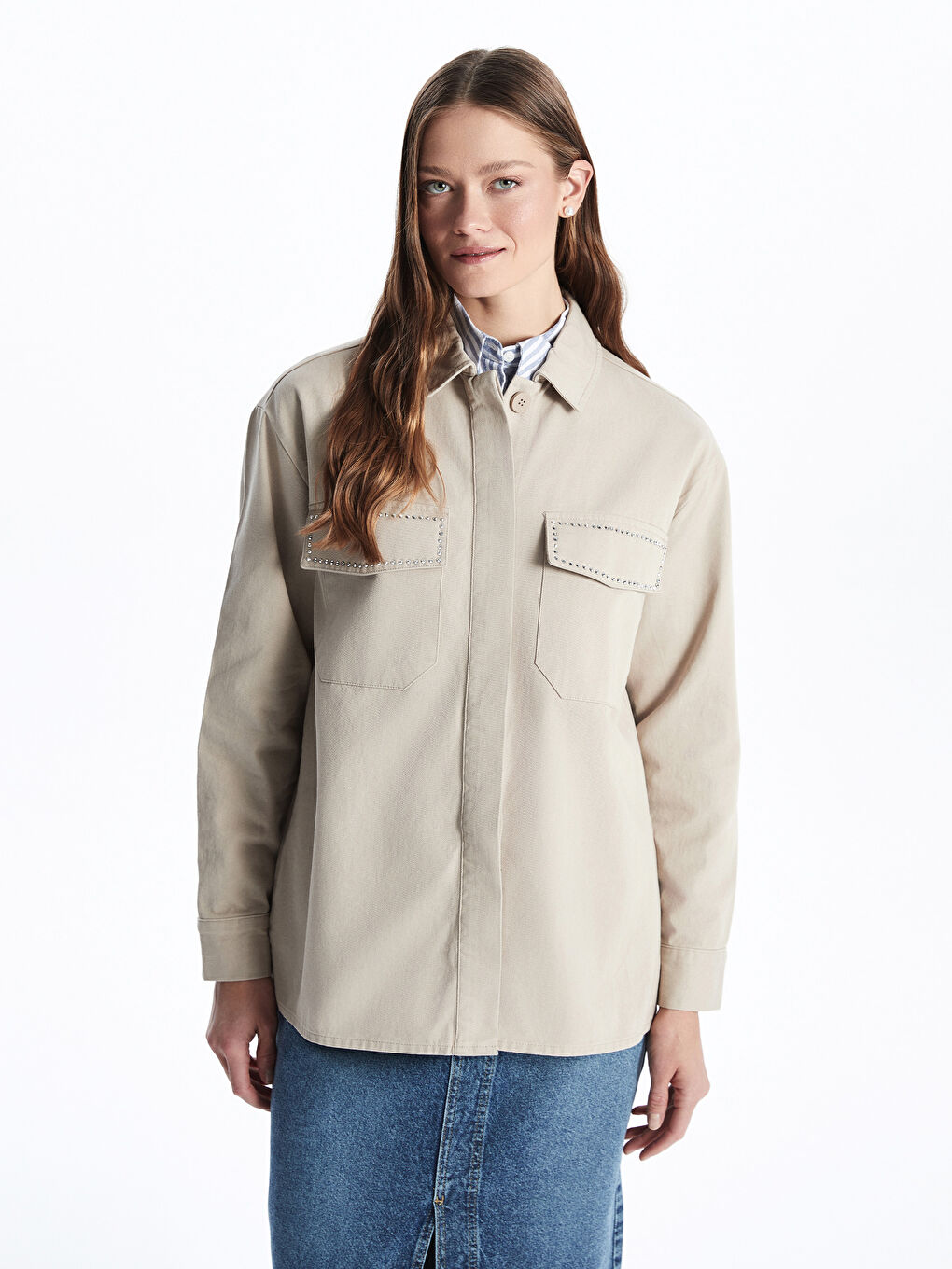 Stone-Studded Oversized Women'S Shirt Jacket -S5GR96Z8-KVB