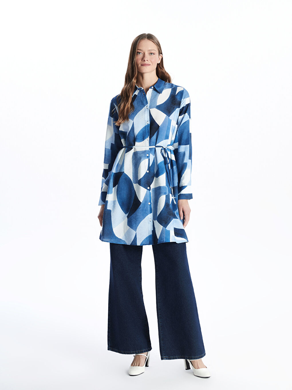 Mavi Desenli Kadın Gömlek Tunik-1