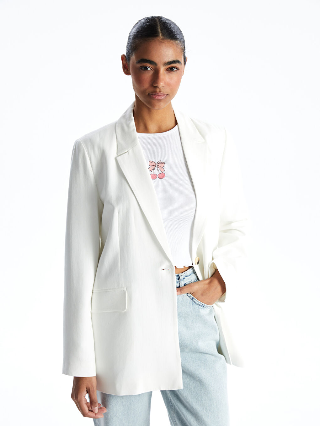 Beyaz Keten Karışımlı Kadın Blazer Ceket