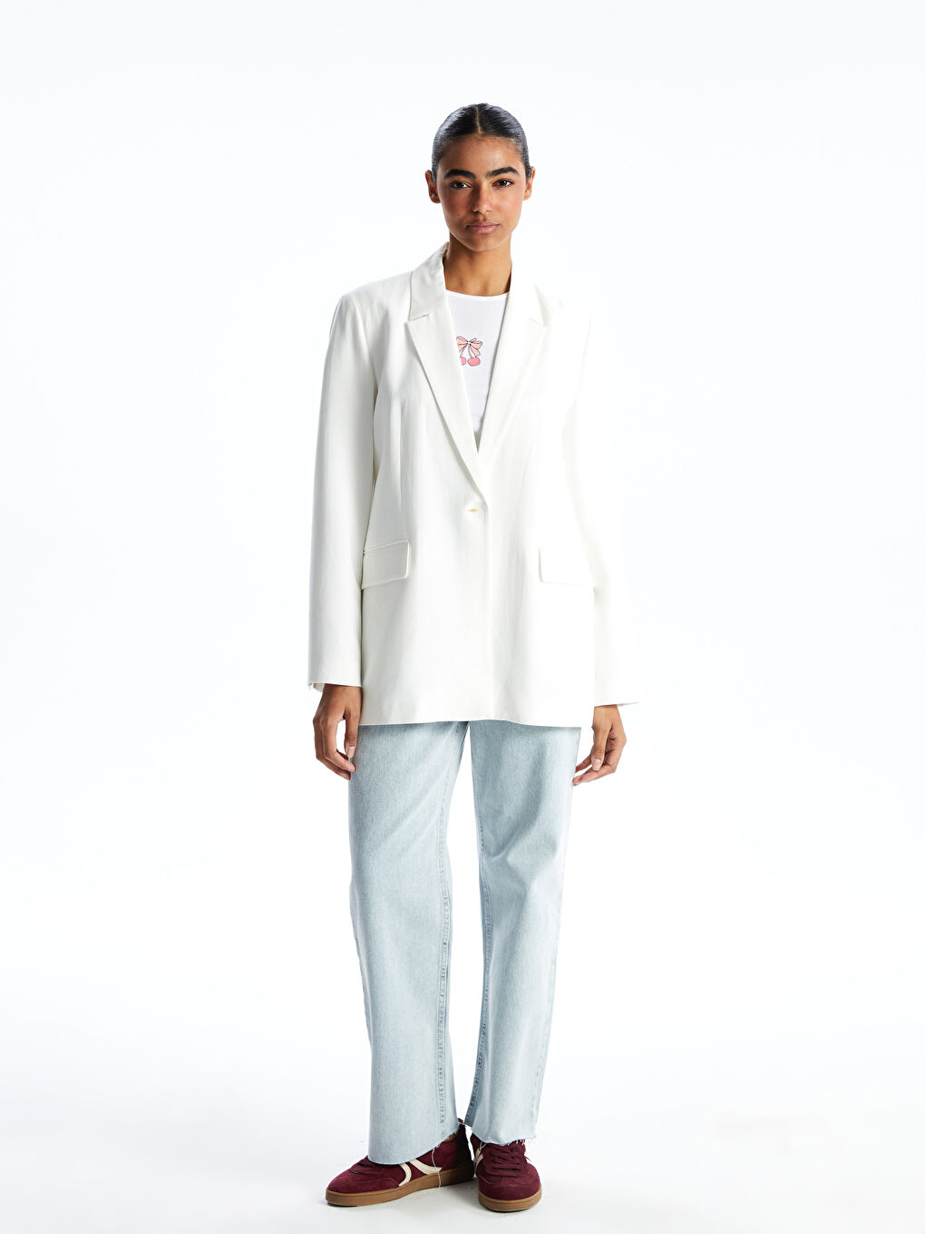 Beyaz Keten Karışımlı Kadın Blazer Ceket-1