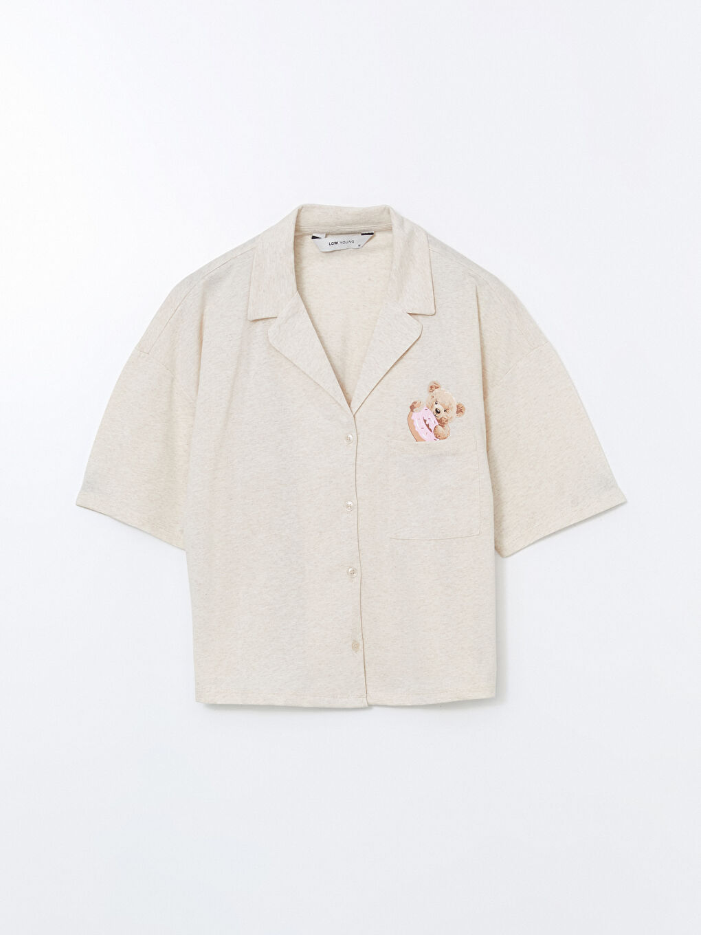 Bej Gömlek Ayı Teddy Baskılı Kadın Pijama Üstü