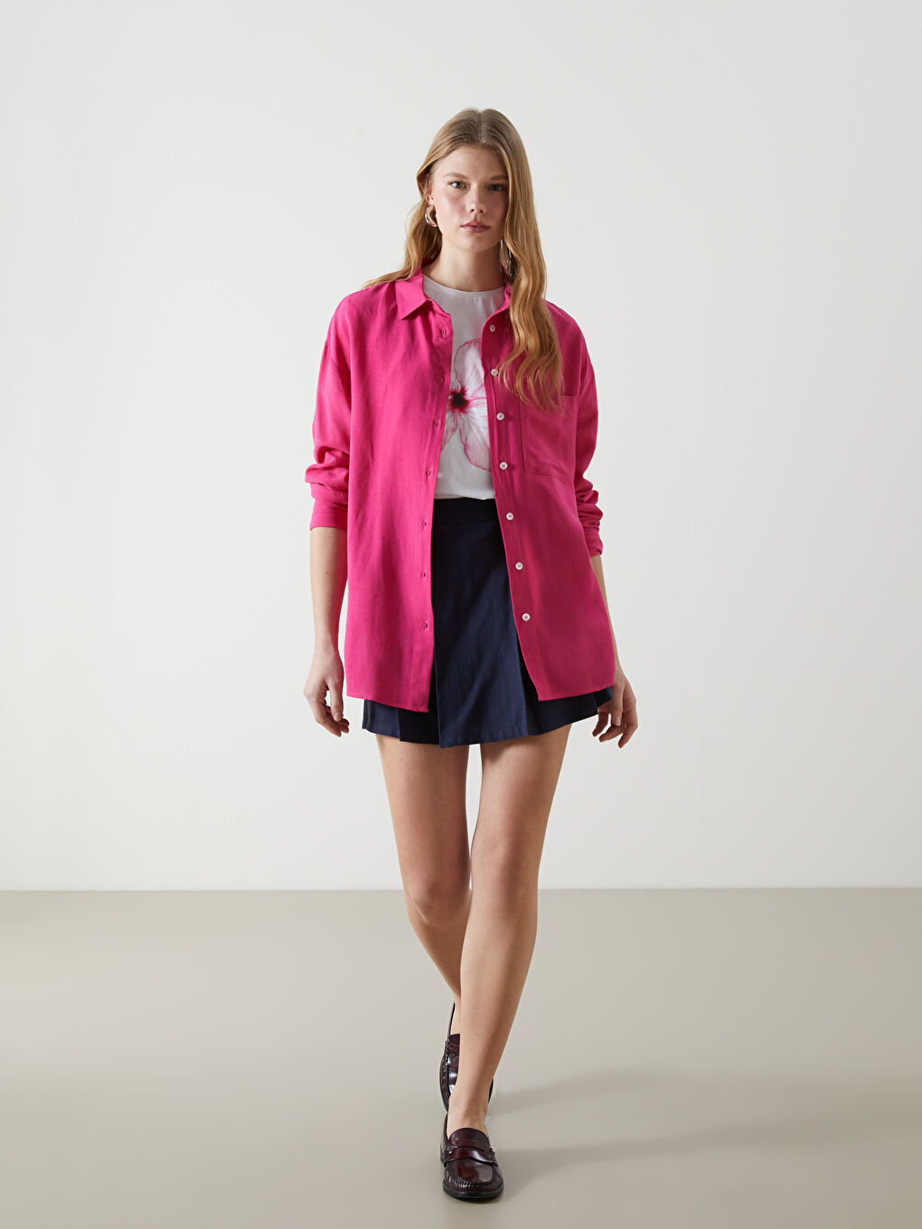 Fuşya Keten Karışımlı Kadın Gömlek-1