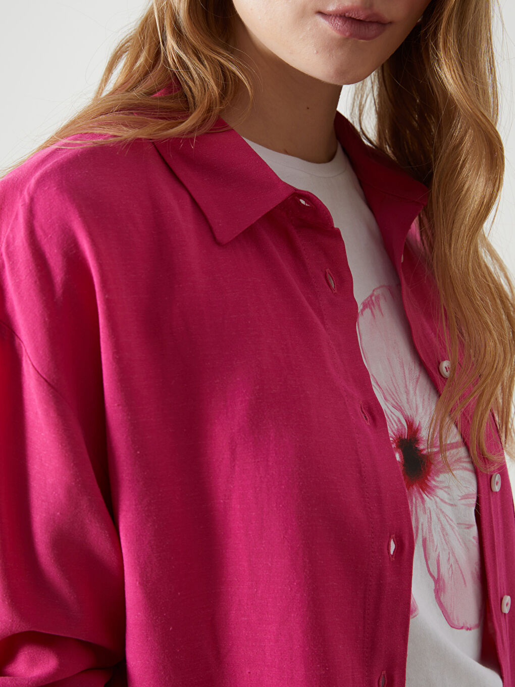 Fuşya Keten Karışımlı Kadın Gömlek-2