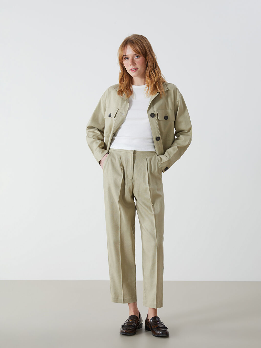 Tapered Fit Linen-Blend Women's Trousers -S5GT44Z8-YSB