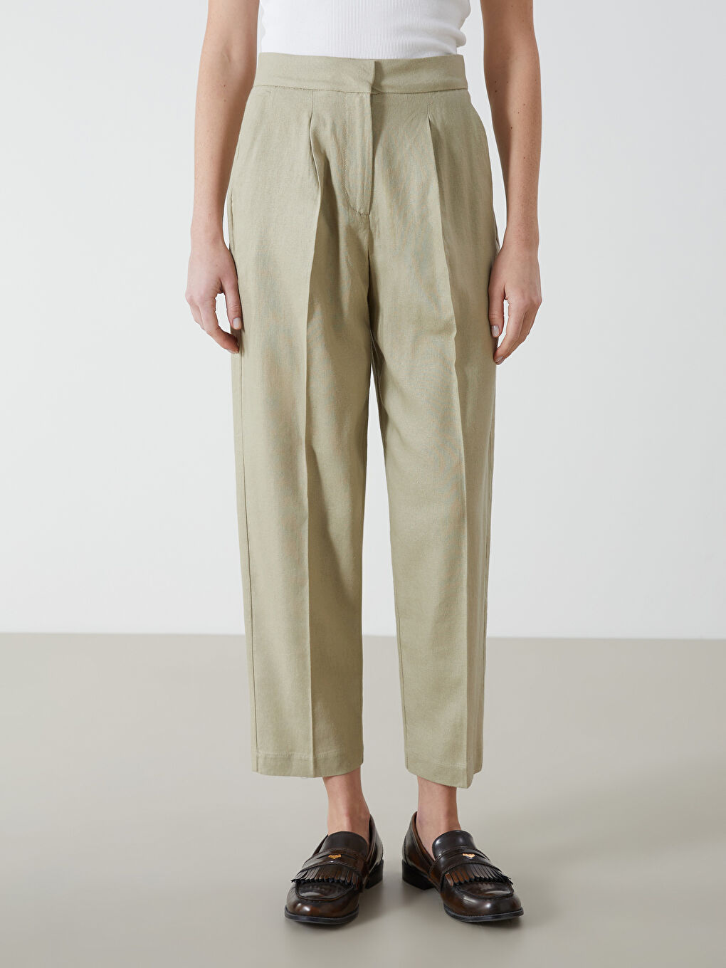 Tapered Fit Linen-Blend Women's Trousers -S5GT44Z8-YSB