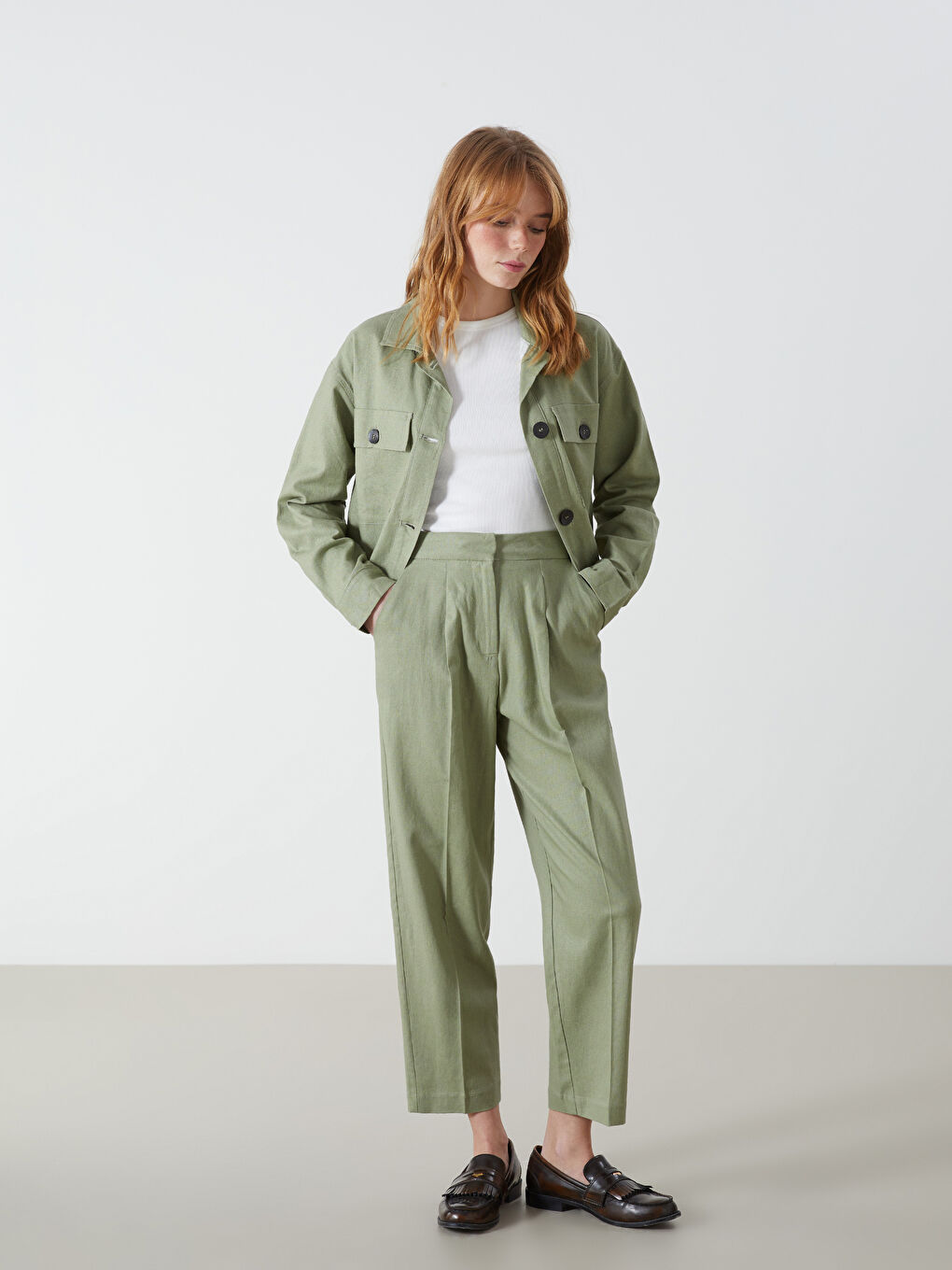 Tapered Fit Linen-Blend Women's Trousers -S5GT44Z8-YUA