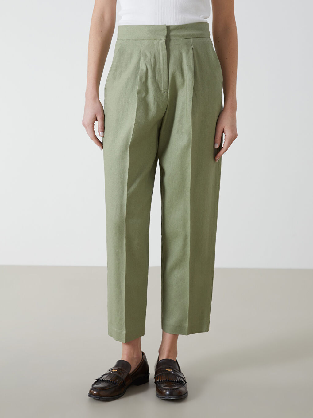 Tapered Fit Linen-Blend Women's Trousers -S5GT44Z8-YUA