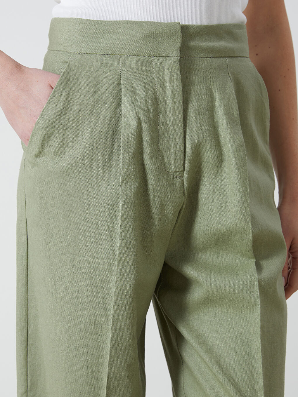 Tapered Fit Linen-Blend Women's Trousers -S5GT44Z8-YUA
