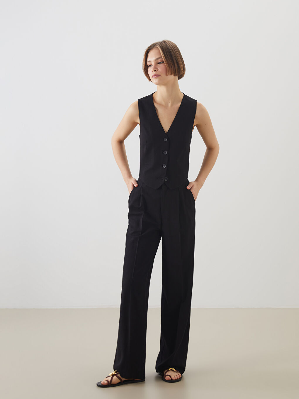 Loose Fit Linen Blend Women's Trousers -S5GT53Z8-CVL